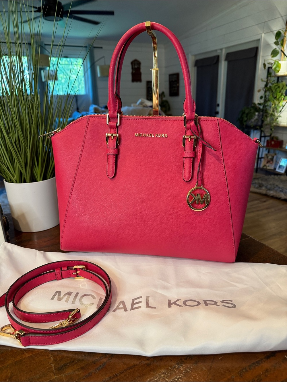Michael Kors Hot Pink Saffiano Satchel with Gold Hardware